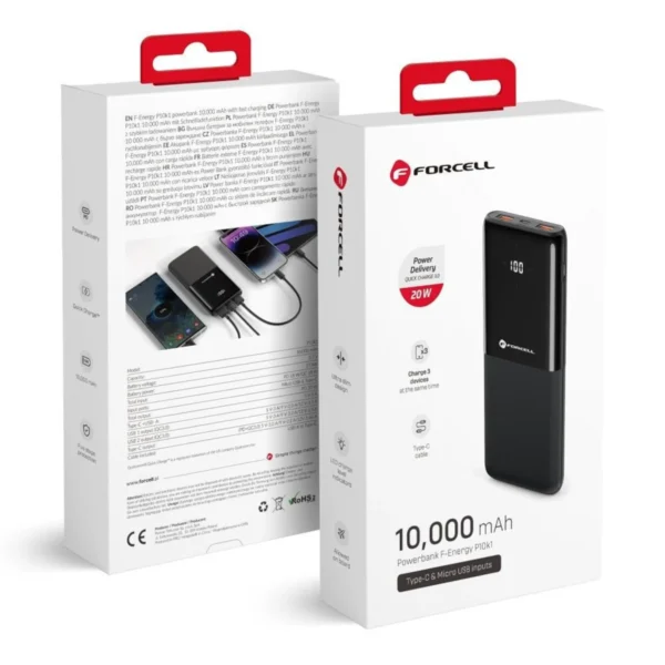 Forcell PowerBank 10.000mAh 2xUSB 20W F-Energy P10k1 Black - Image 3
