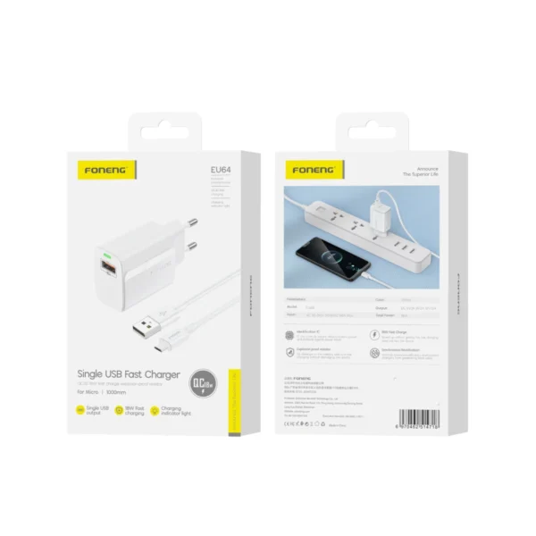 Foneng Φορτιστής USB με Καλώδιο USB-A to Micro USB 1m 18W EU64 White - Image 3