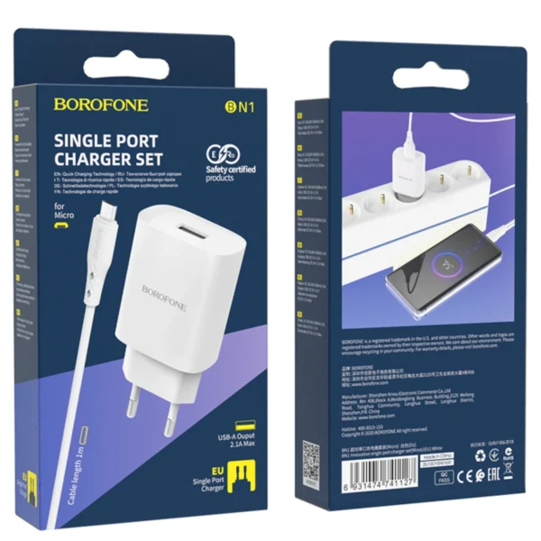 Borofone Φορτιστής USB με Καλώδιο USB-A to Micro USB 1m 2.1A BN1 White - Image 5
