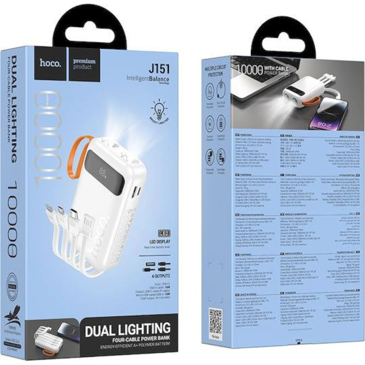 Hoco PowerBank 10.000mAh USB με Καλώδιο USB, USB-C, Lightning και Φακό J151 White 0 Hoco PowerBank 10.000mAh USB με Καλώδιο USB, USB-C, Lightning και Φακό J151 White - Image 1