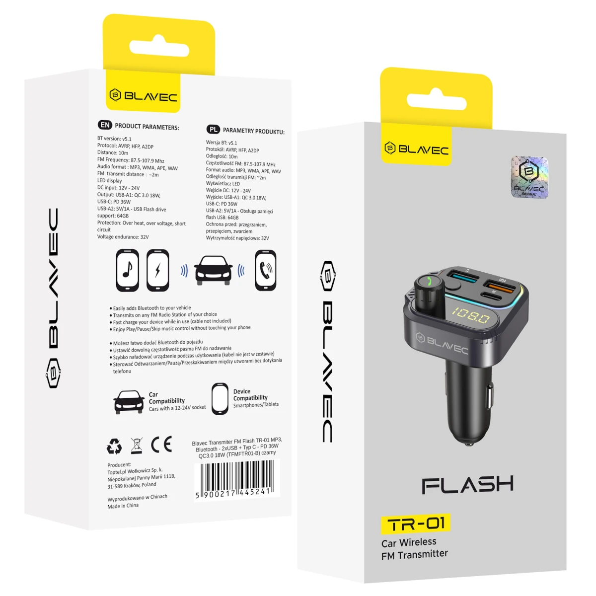 Blavec FM Transmitter,Φορτιστής Αυτοκινήτου,Bluetooth,2x USB,USB- C 36W TR-01 Flash Black 0 Blavec FM Transmitter/Φορτιστής Αυτοκινήτου,Bluetooth/2x USB/USB- C 36W TR-01 Flash Black - Image 1