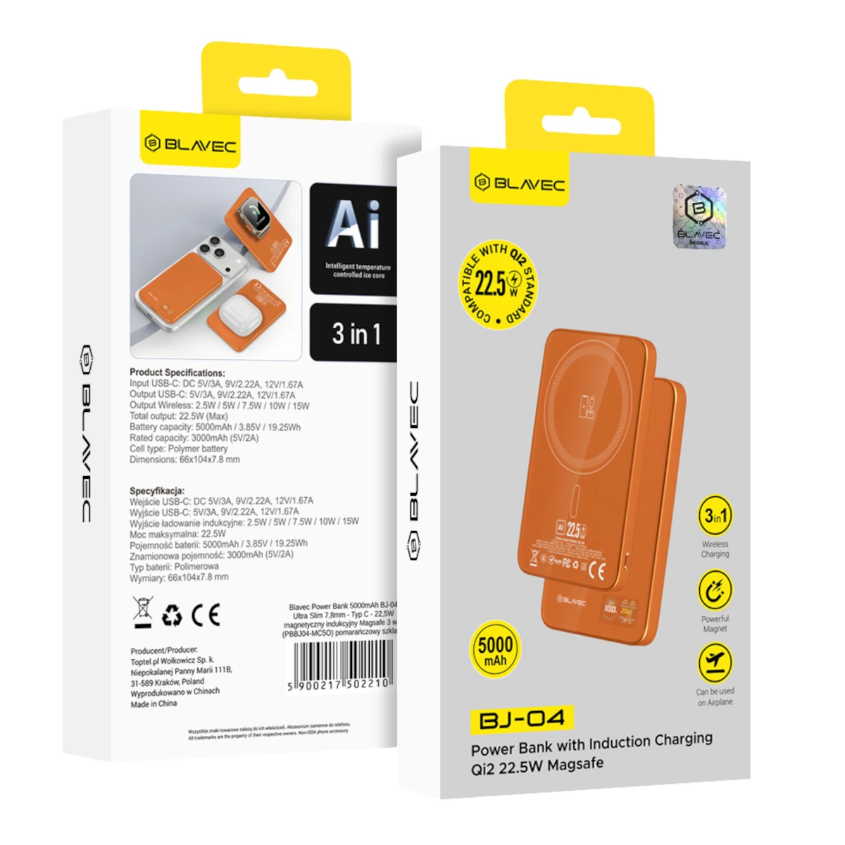 Blavec PowerBank Magsafe 5.000mAh Ultra Slim 3 in 1 USB-C 22,5W BJ-04 Orange 0 Blavec PowerBank Magsafe 5.000mAh Ultra Slim 3 in 1 USB-C 22,5W BJ-04 Orange - Image 1