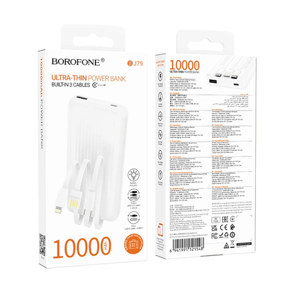 Borofone PowerBank 10.000mAh Usb-A με Καλώδιο USB, USB-C, Lightning BJ79 Clever White 0 Borofone PowerBank 10.000mAh Usb-A με Καλώδιο USB, USB-C, Lightning BJ79 Clever White - Image 1