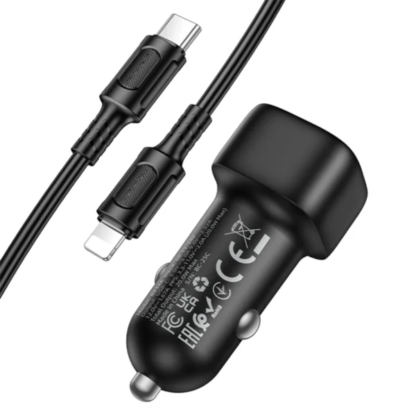 Borofone Φορτιστής Αυτοκινήτου USB-C 20W με Καλώδιο USB to Lightning BZ34A Cloud Black - Image 3